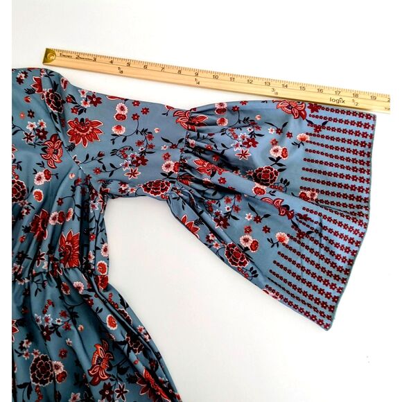 Women's Misslook Blue & Orange Autumn Cottagecore Flowered Dress Bell Sleeves S - Picture 6 of 6
